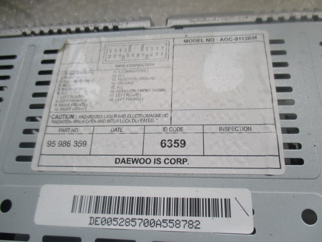 CHEVROLET SPARK LT 1.2 BENZ 5M 5P 60KW (2011) RICAMBIO RADIO AUTORADIO (NON FORNIAMO CODICE AUTORADIO) 95986359