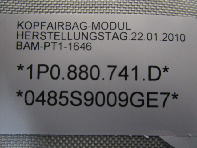 1P0880741D AIRBAG LATERALE A TENDINA LATO SINISTRO SEAT LEON 1.6 G 75KW 5M 5P (2010) RICAMBIO USATO 