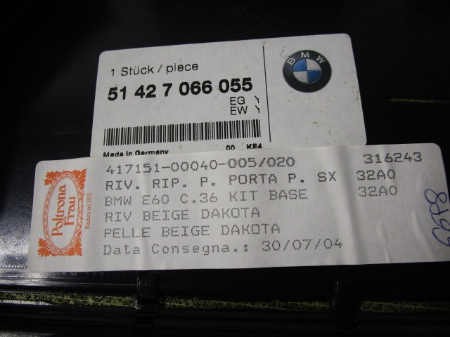 51427078731 PANNELLO INTERNO PORTA POSTERIORE LATO SINISTRO BMW SERIE 5 530D E60 3.0 D 160KW AUT 4P (2004) RICAMBIO USATO DA PULIRE (VEDI FOTO) 