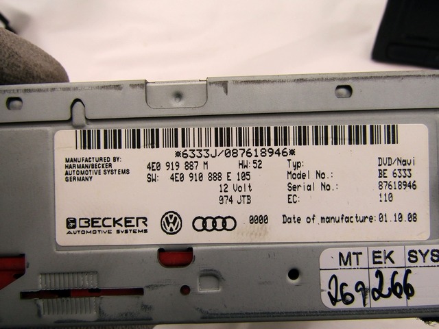 8T0919603C SISTEMA DI NAVIGAZIONE SATELLITARE AUDI A4 SW 2.0 D 105KW AUT 5P (2008) RICAMBIO USATO CON DISPLAY, CENTRALINA RADIO, LETTORE DVD MAPPE, CENTRALINA MODULO MULTIMEDIALE 8T1035110C 8T0919611WFX 4E0919887M 4E0910888E