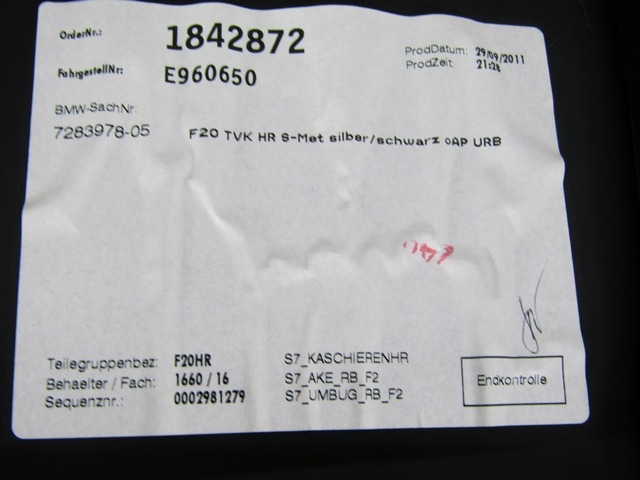 7283978 PANNELLO INTERNO PORTA POSTERIORE DESTRA BMW SERIE 1 116D F20 2.0 D 85KW 6M 5P (2011) RICAMBIO USATO 