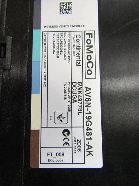 AV6N-19G481-AK CENTRALINA COMFORT MODULO KEYLESS FORD CMAX 1.6 D 85KW 6M 5P (2012) RICAMBIO USATO 
