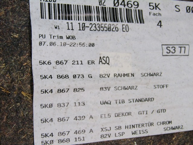 5K6867211ER PANNELLO INTERNO PORTA POSTERIORE SINISTRA VOLKSWAGEN GOLF VI GTI 2.0 155KW 6M B 5P (2010) RICAMBIO USATO