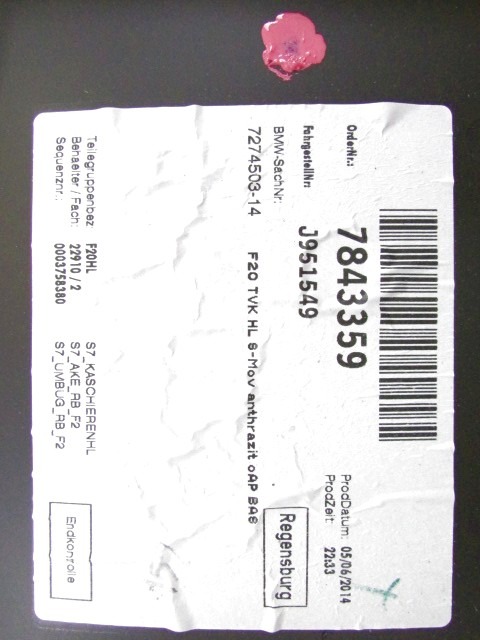 7274503 PANNELLO INTERNO PORTA POSTERIORE SINISTRA BMW SERIE 1 116D F20 2.0 85KW 5P D 6M (2011) RICAMBIO USATO