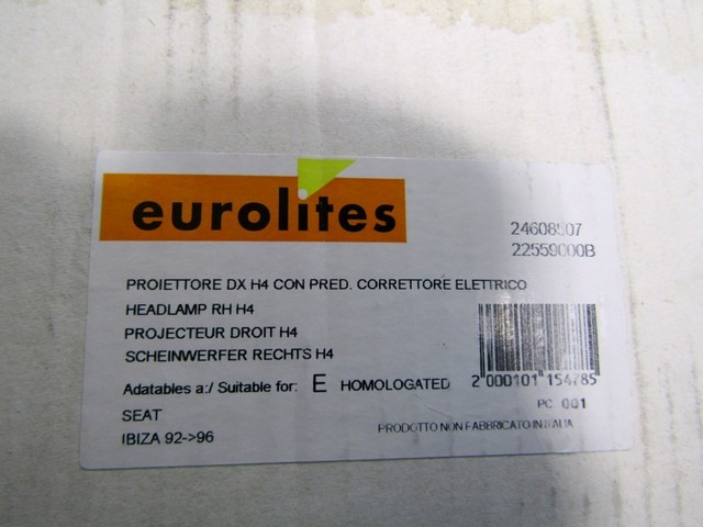 24608507 FARO FANALE ANTERIORE DESTRO EUROLITES SEAT IBIZA 1.4 3P (FINO AL 1996) RICAMBIO NUOVO