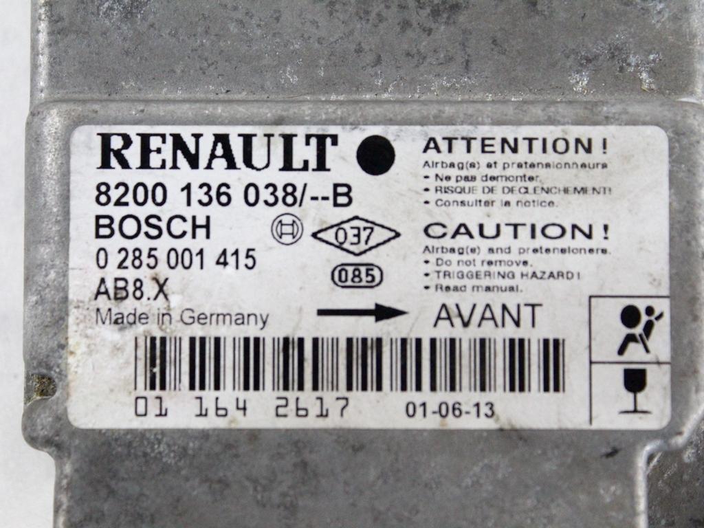 8200136038 CENTRALINA AIRBAG RENAULT CLIO 1.2 B 55KW 5M 5P (2001) RICAMBIO USATO 0285001415