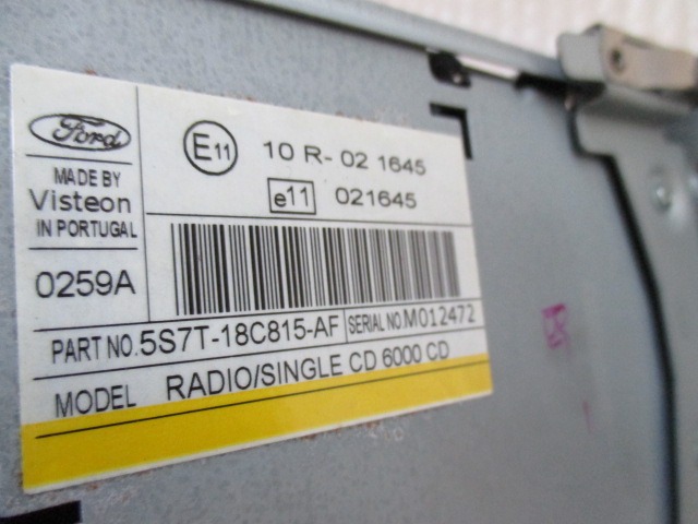 5S7T-18C815-AF RADIO AUTORADIO (NON FORNIAMO CODICE) FORD MONDEO 2.0 D 85KW 6M 4P (2006) RICAMBIO USATO 
