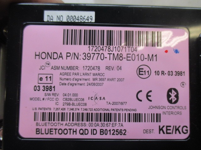 39770TM8E010M1 CENTRALINA BLUETHOOTH HONDA INSIGHT 1.3 I 65KW AUT 5P (2009) RICAMBIO USATO 