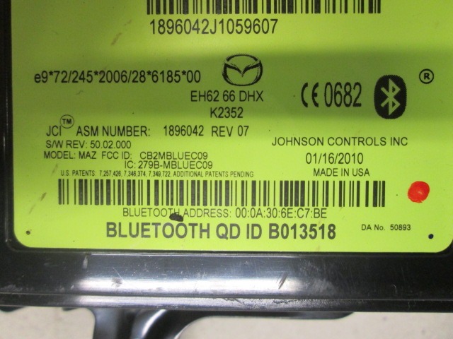 1896042 CENTRALINA BLUETOOTH TELEFONO MAZDA CX-7 2.2 D 4X4 127KW 6M 5P (2010) RICAMBIO USATO EH6266DHX 